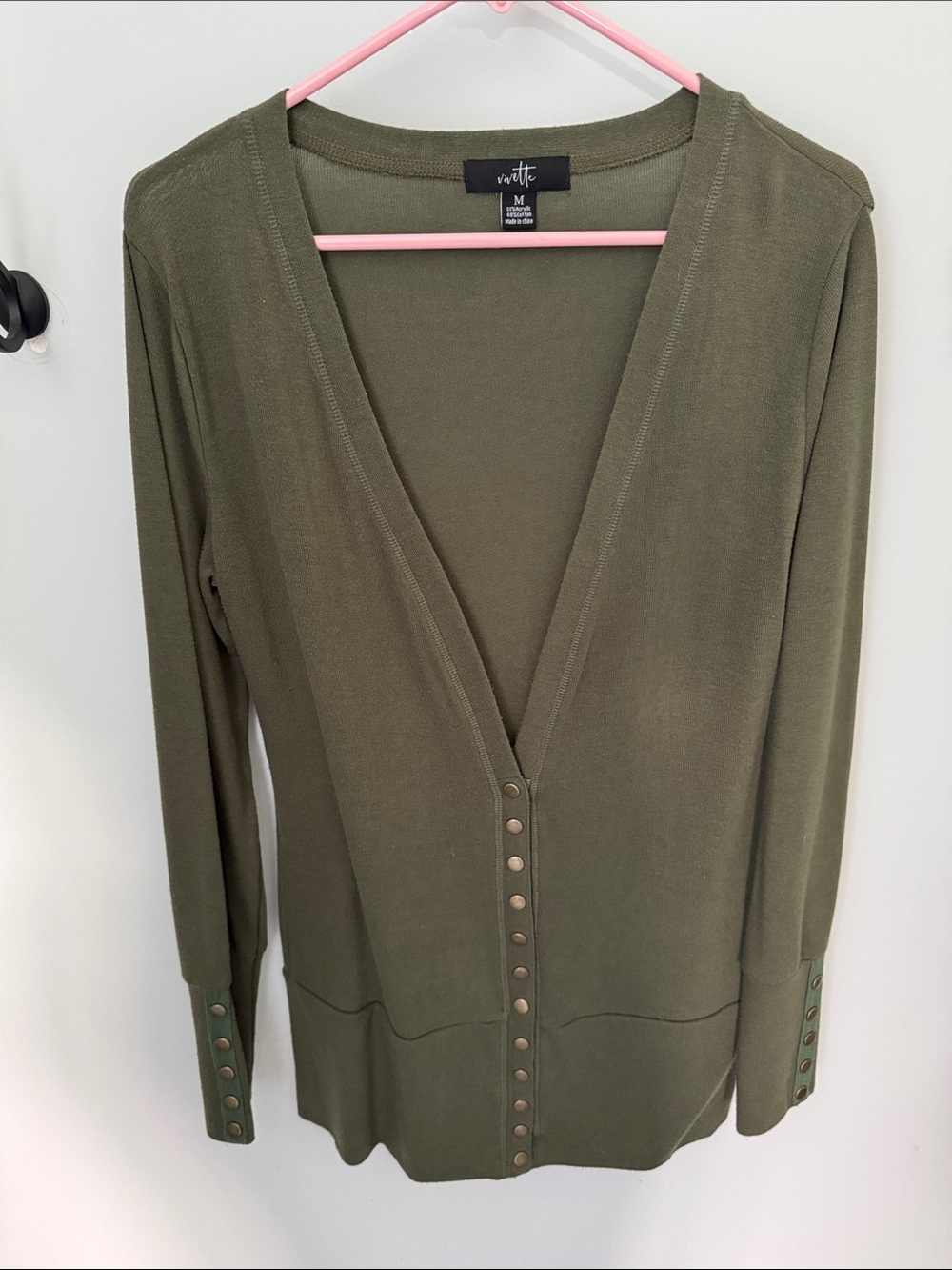 Military Green Snap-Front V-Neck Cardigan with button detail on sleeves